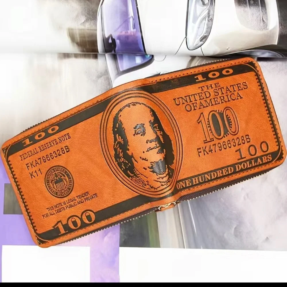 Vintage Leather Men's Wallet with Dollar Bill Design - Credit Card and…